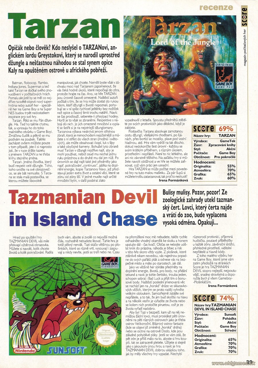 Tarzan, Tazmanian Devil  in Island Chase (Game Boy)