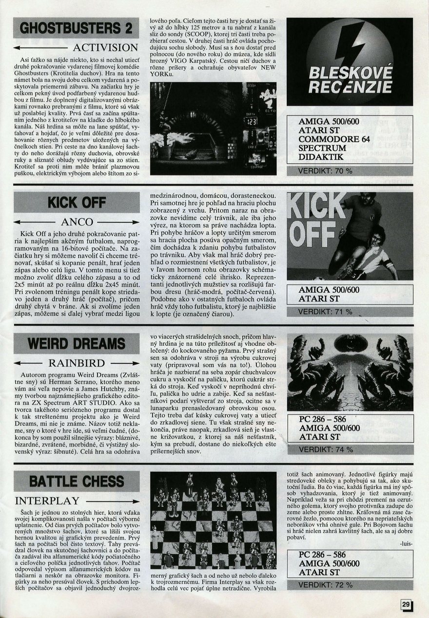 Bleskové recenzie: Ghostbusters 2, Kick Off, Weird Dreams, Battle Chess