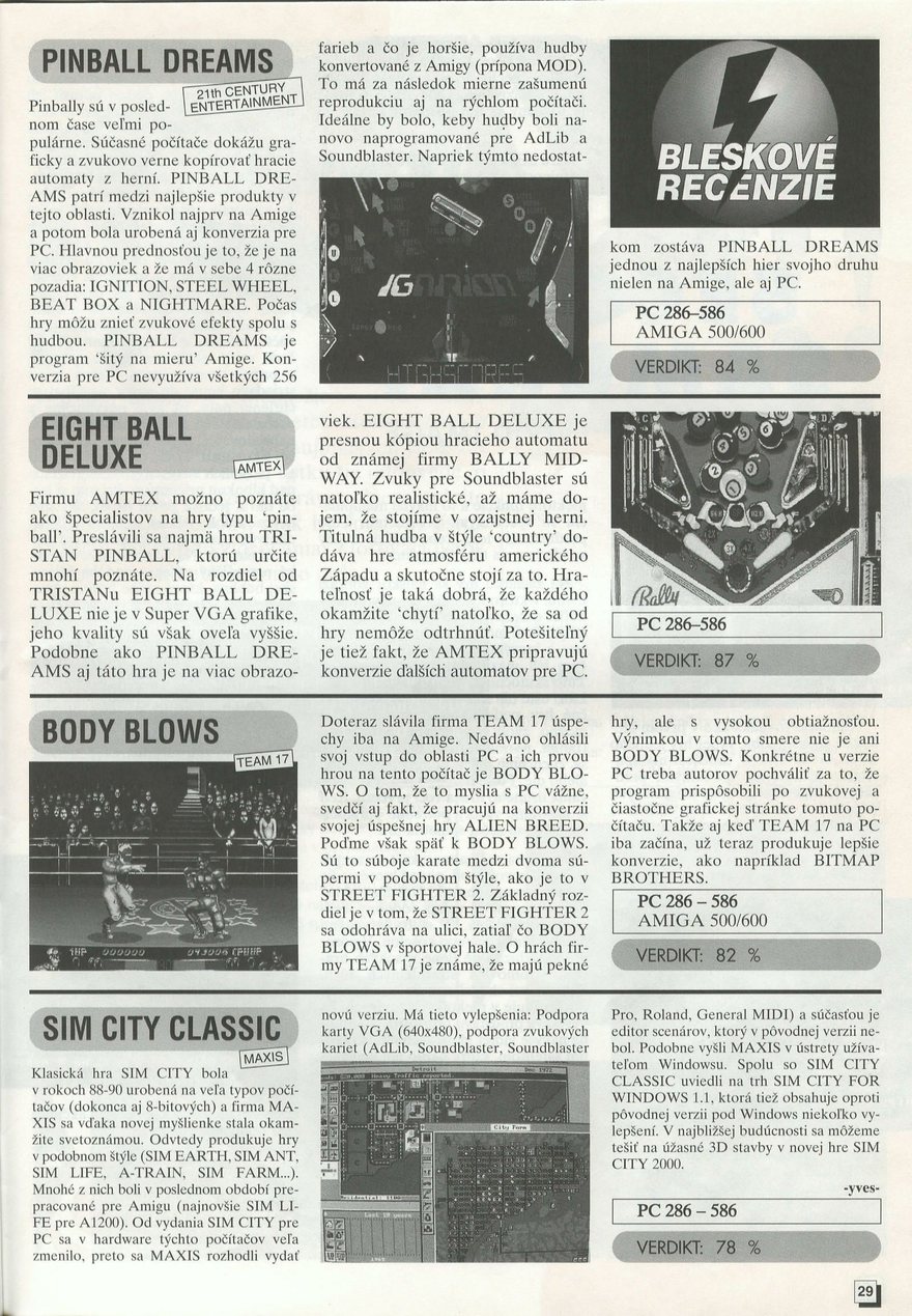 Bleskové recenzie: Pinball Dreams, Eight Ball Deluxe, Body Blows, SimCity Classic